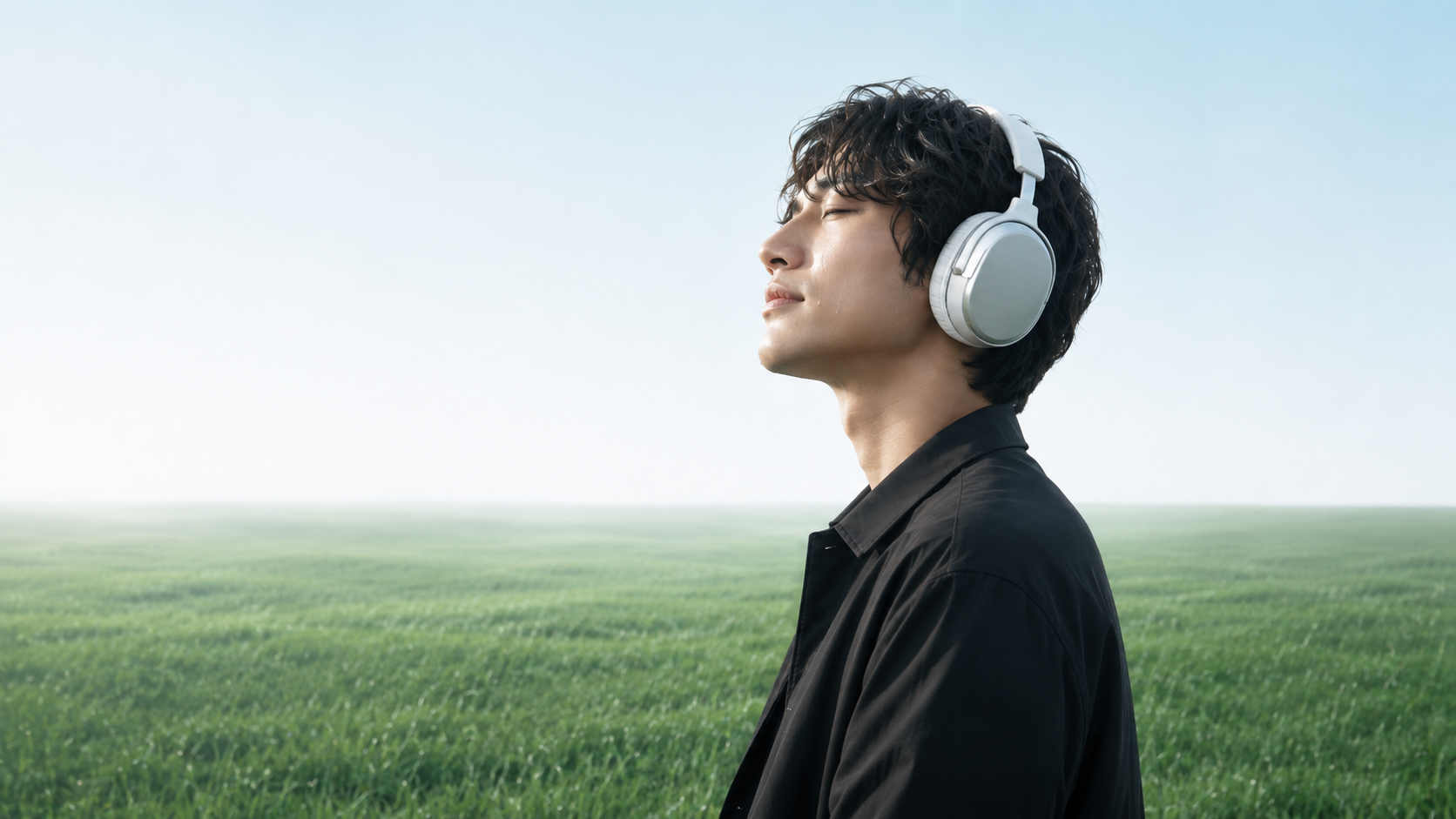 Homme écoutant de la musique dans un champ