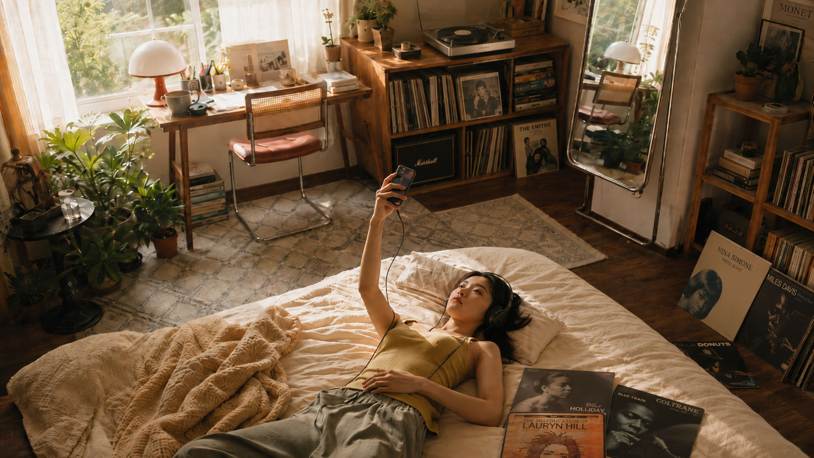 Personne écoutant de la musique chez elle